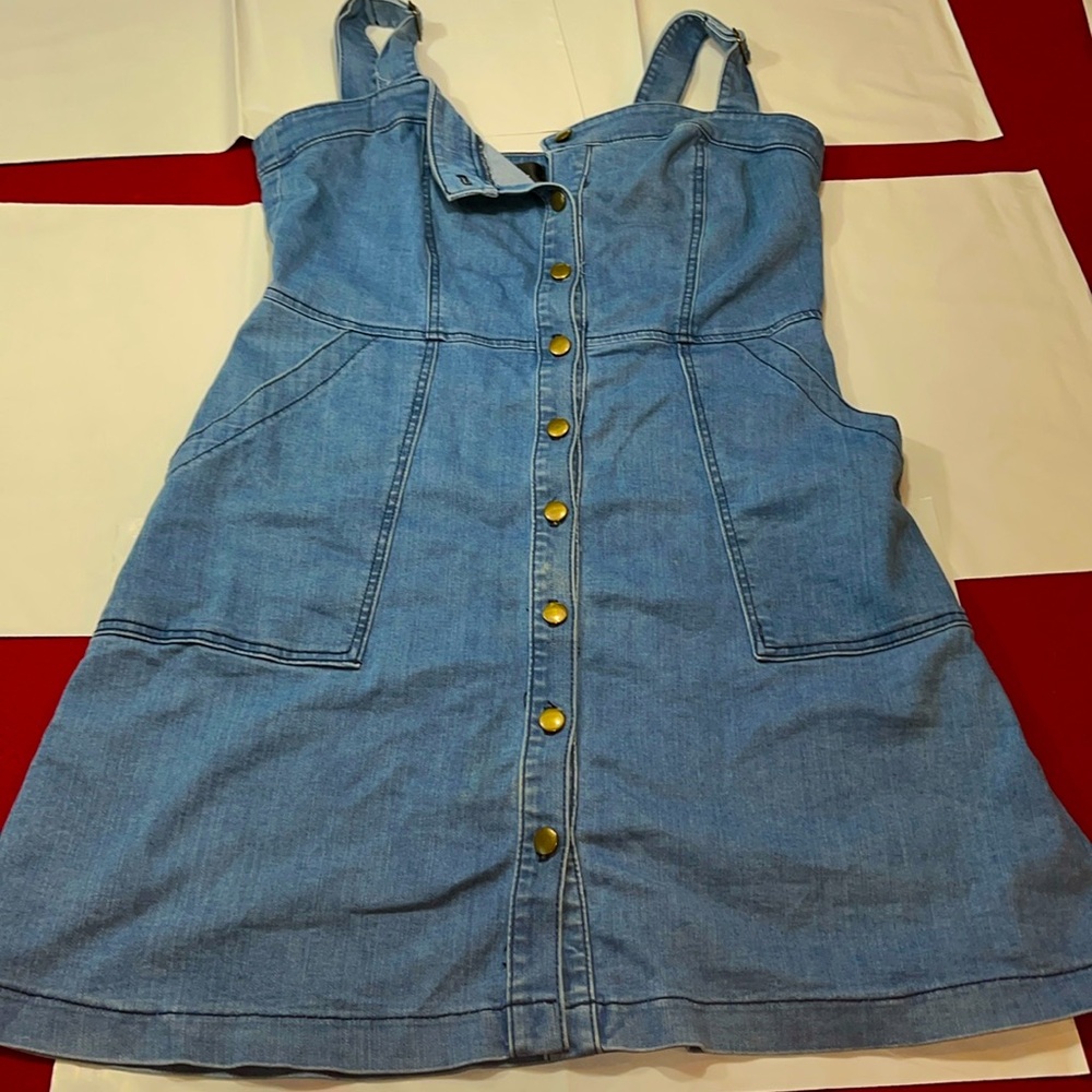 Lulus BLUE jean DRESS western glam shoulder straps button front pockets, DLR9010